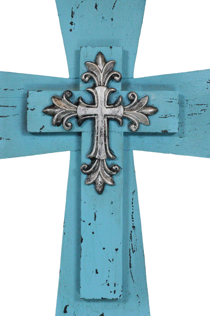 Rustic Western Turquoise Silver Scrollwork Faux Wood Layered Wall Cross Crucifix