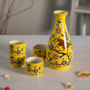Yellow Bird On Flower Tree Porcelain Sake Carafe Flask And 4 Ochoko Cups Set