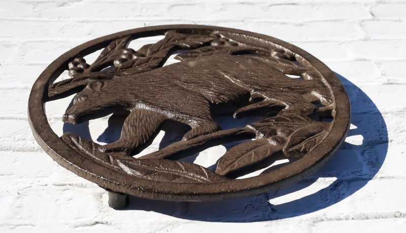 Cast Iron Western Rustic Black Bear By Tree Branches Decorative Table Trivet