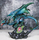 Large Aquamarine Iridescent Dragon Guarding LED Faux Crystal Geode Rock Figurine