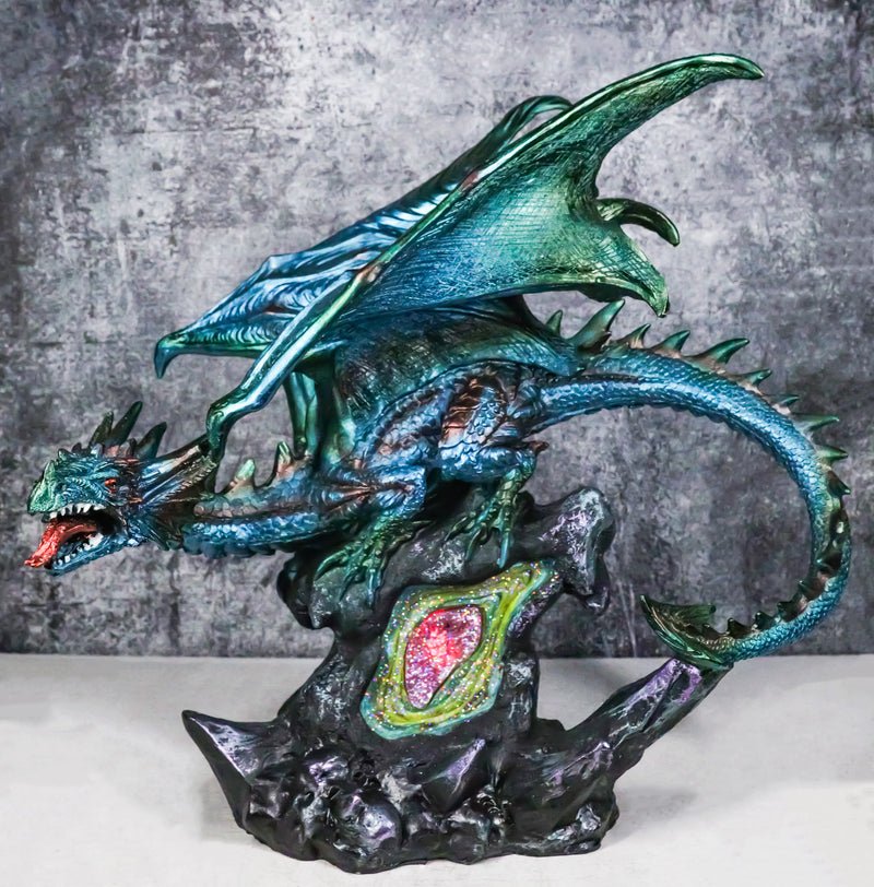 Large Aquamarine Iridescent Dragon Guarding LED Faux Crystal Geode Rock Figurine