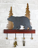 Rustic Western Black Bear Roaming Pine Forest 4 Pegs Wooden Wall Hooks Plaque