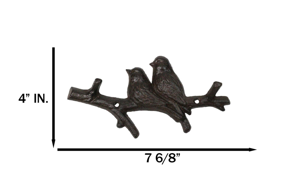 Set of 2 Cast Iron Rustic 2 Lovebirds Perching On Branch 2-Pegs Wall Hooks