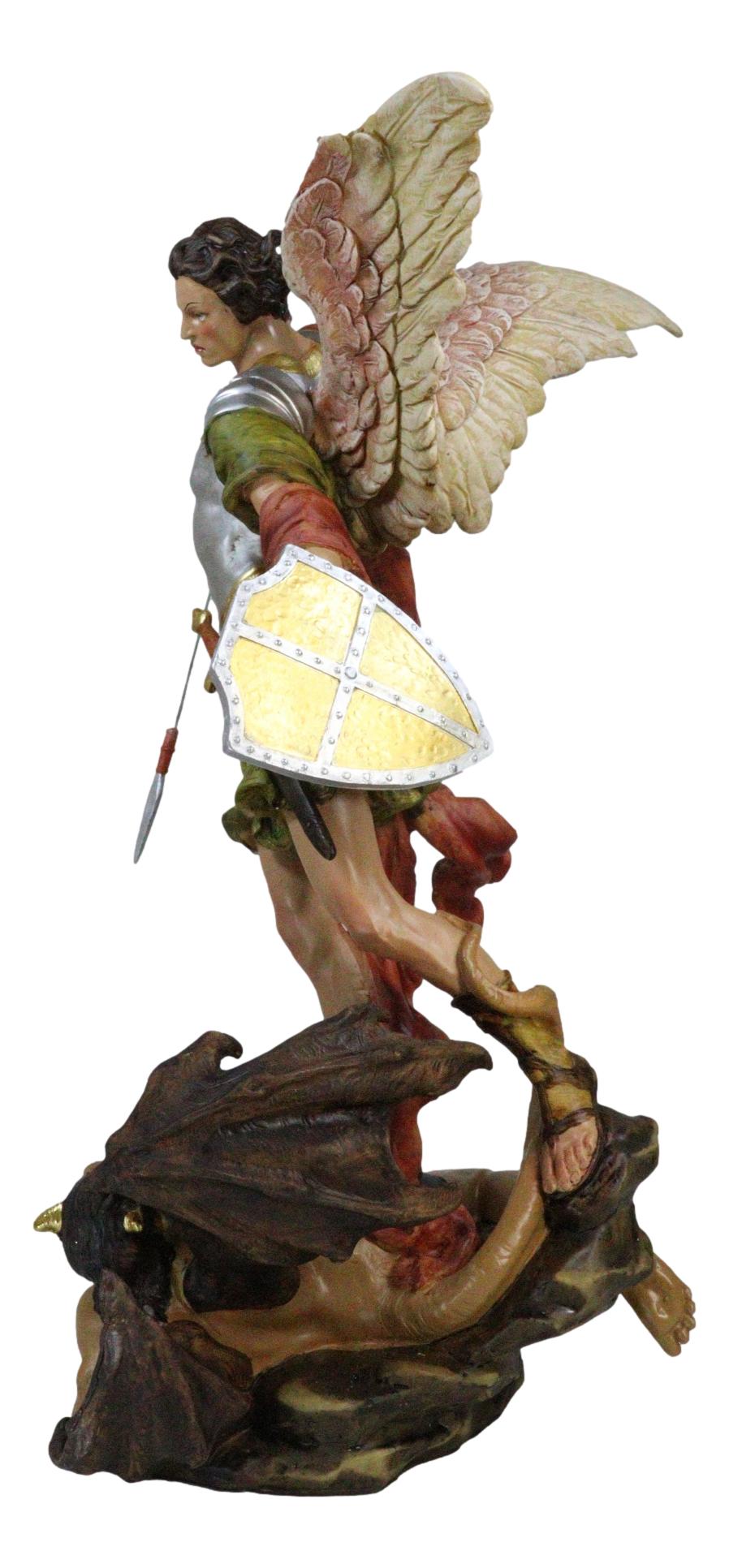 Archangel Saint Michael With Spear And Shield Trampling The Devil Statue 20"H