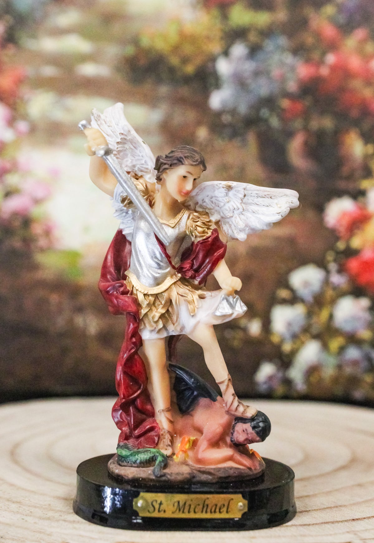 Archangel Saint Michael Wielding Sword Crushing Satan Figurine With Name Base - Ebros Gift