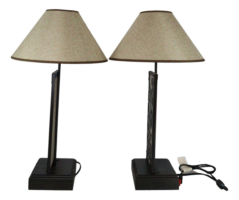Set of 2 Rustic Western Pinecone On Branches Wood Metal Bedside Table Lamps