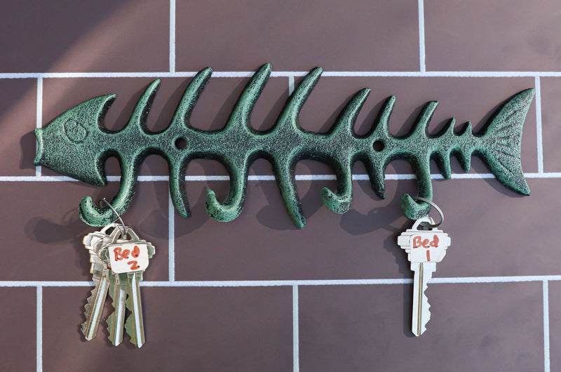 decorative fish wall hooks Pack of 2 Sea Vintage Verdigris Decorative Cast Iron Fish Bone 4 Peg W– Ebros Gift