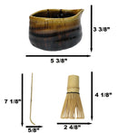 Brown Black Waterfall Ceramic Japanese Matcha Green Tea Bowl Whisk & Scoop Set