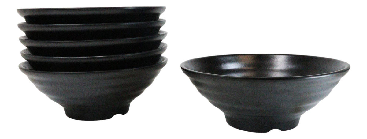 Pack Of 6 Modern Ridged Matte Black Melamine Large Round Ramen Soup Bowls 48oz - Ebros Gift