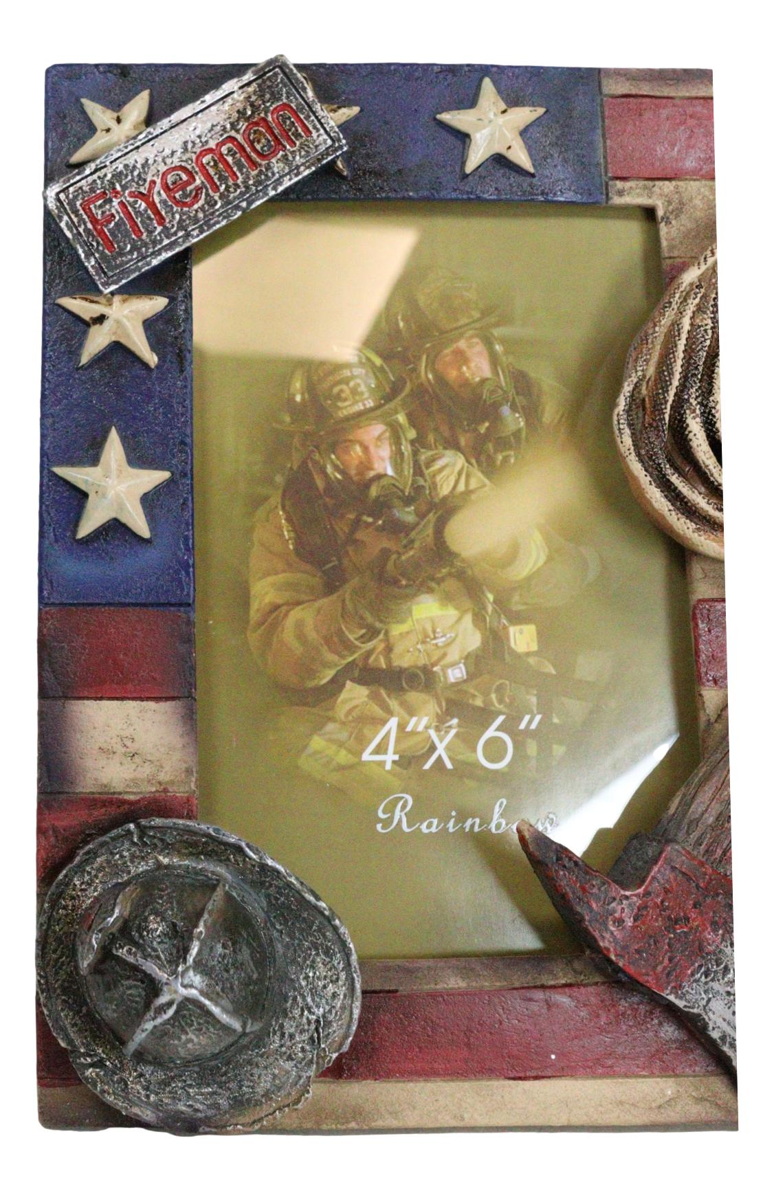 Patriotic Fire Department Fireman Helmet Hose Axe USA Flag 4"X6" Picture Frame