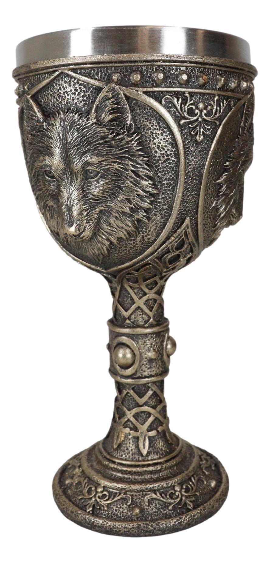 Faux Bronze Alpha Gray Wolf Celtic Tribal Knotwork Wine Chalice Goblet Cup