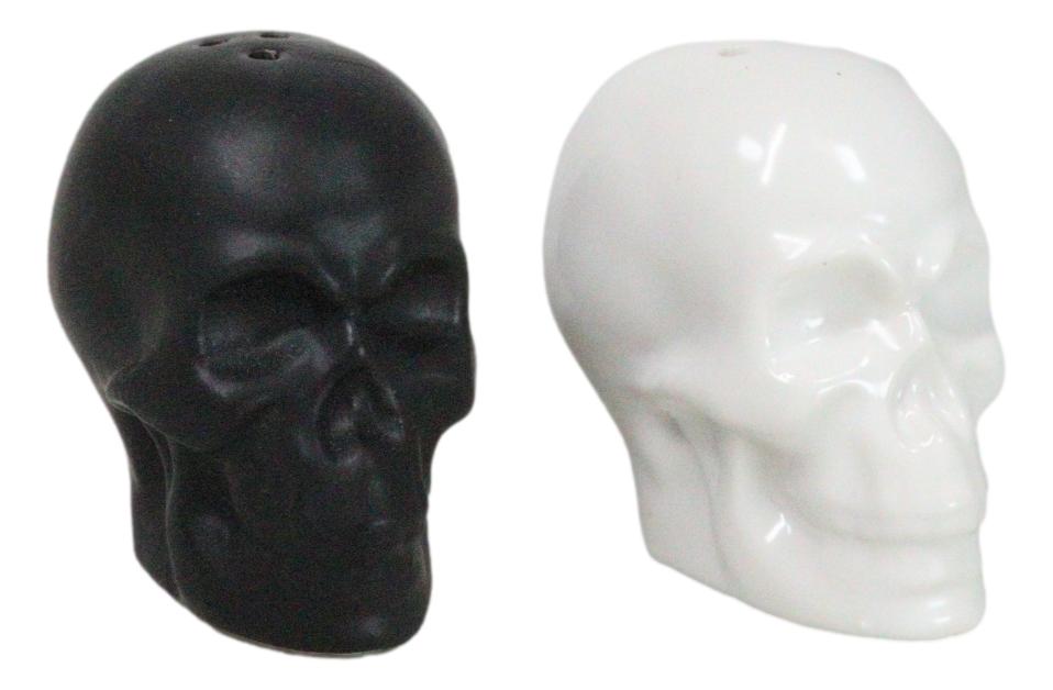 Matte Black And White Sugar Skulls Salt And Pepper Shakers Set Ceramic - Ebros Gift