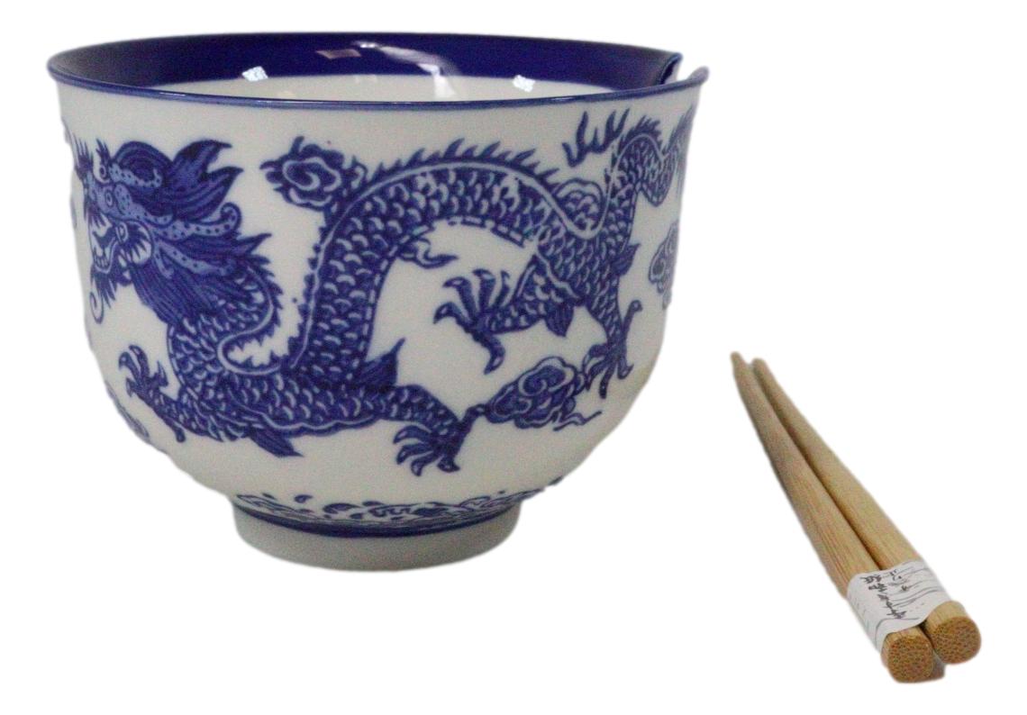 Blue White Oriental Dragon King Ceramic Donburi Ramen Bowl With Chopsticks Set - Ebros Gift