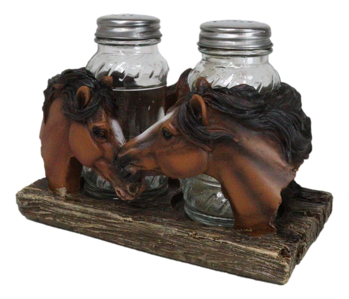 Western Wild At Heart Double Brown Chestnut Horses Salt Pepper Shakers Holder - Ebros Gift