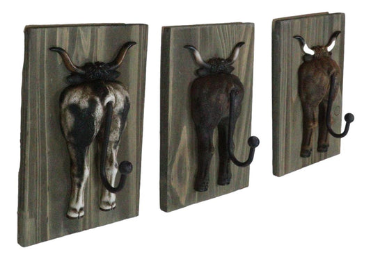 Set of 3 Rustic Western Steer Bulls Hind Butt Coat Wall Hooks With Wooden Plaque