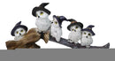 Halloween 5 Snow Owls and Owlets with Witch Hats Perching On Broomstick Figurine