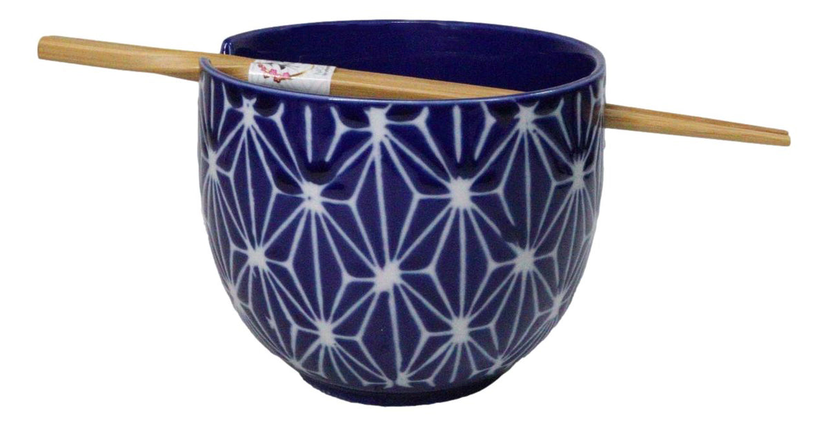 Asanoha Geometric Blue And White Donburi Ramen Soup Bowl With Chopsticks