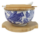 White Blue Koi Fish 28Oz Donburi Ramen Bowl With Lid Trivet Spoon Chopsticks Set