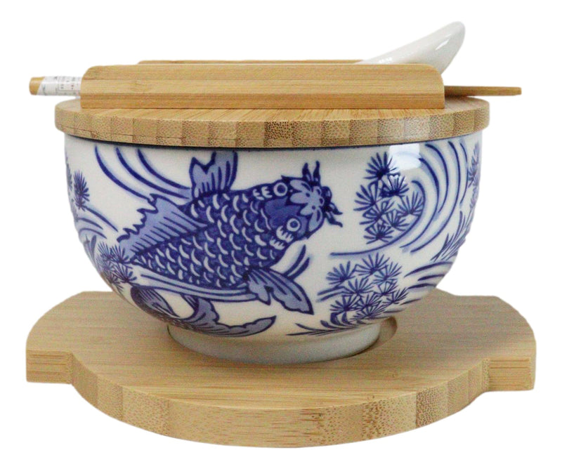 White Blue Koi Fish 28Oz Donburi Ramen Bowl With Lid Trivet Spoon Chopsticks Set