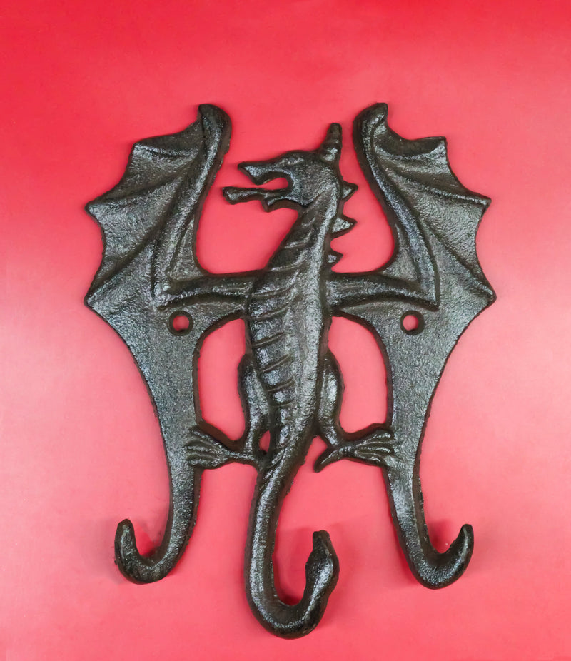 Pack Of 2 Cast Iron Rustic Fantasy Viking Beowulf Dragon 3Pegs Wall Keys Hook