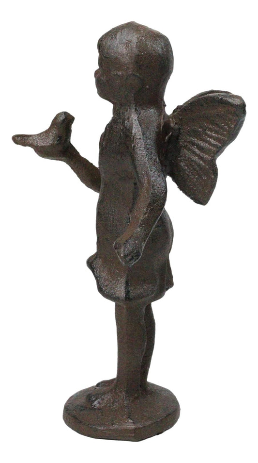 Cast Iron Small Whimsical Fairy Talking With Bird Decorative Sculpture 6.5"H