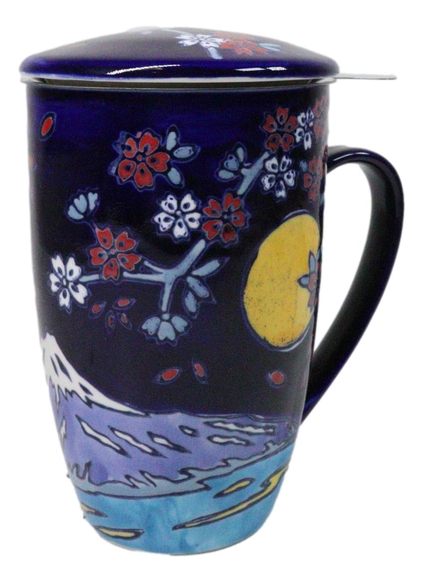 Blue Moon Fuji Mountain 15oz Porcelain Tea Mug With Lid Stainless Steel Infuser