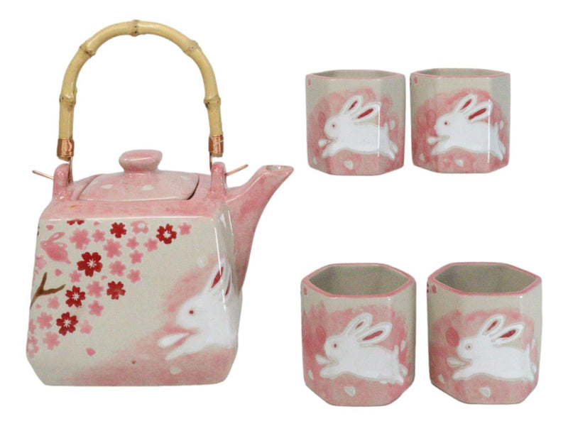 Pink Sakura Cherry Blossoms With Rabbit Hexagonal Teapot With 4 Tea Cups Set