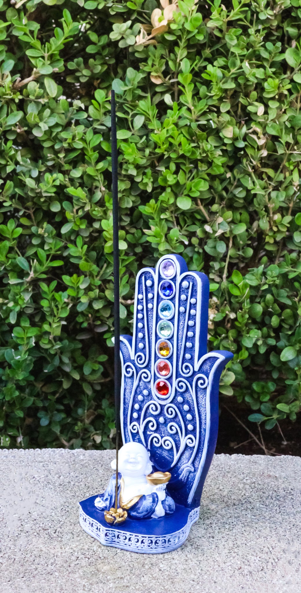 Ebros Blue Buddha Monk Hamsa Hand 7 Chakra Gemstone Incense Burner 6"H