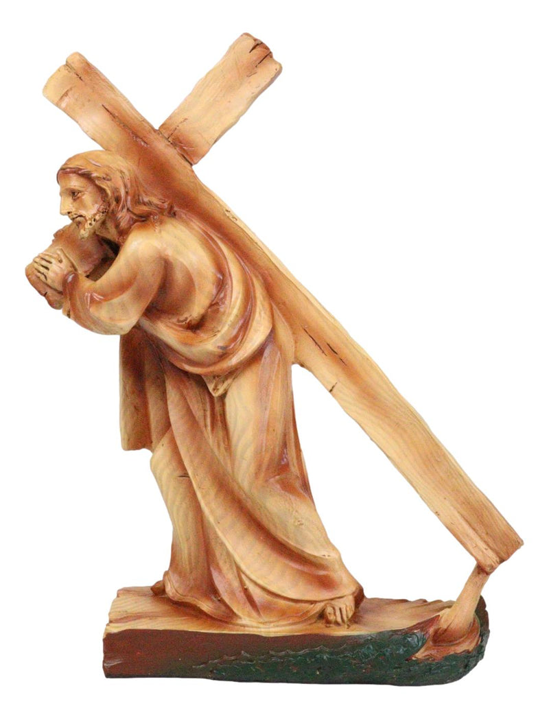 Passion Of Jesus Christ Carrying The Cross In Faux Cedar Wood Finish Figurine