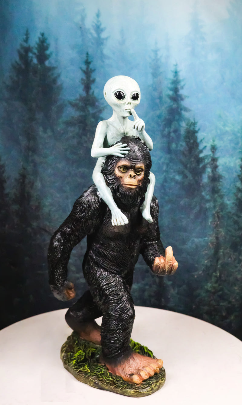 Large Sasquatch Bigfoot Flipping Off With Roswell Alien On Shoulders Figurine