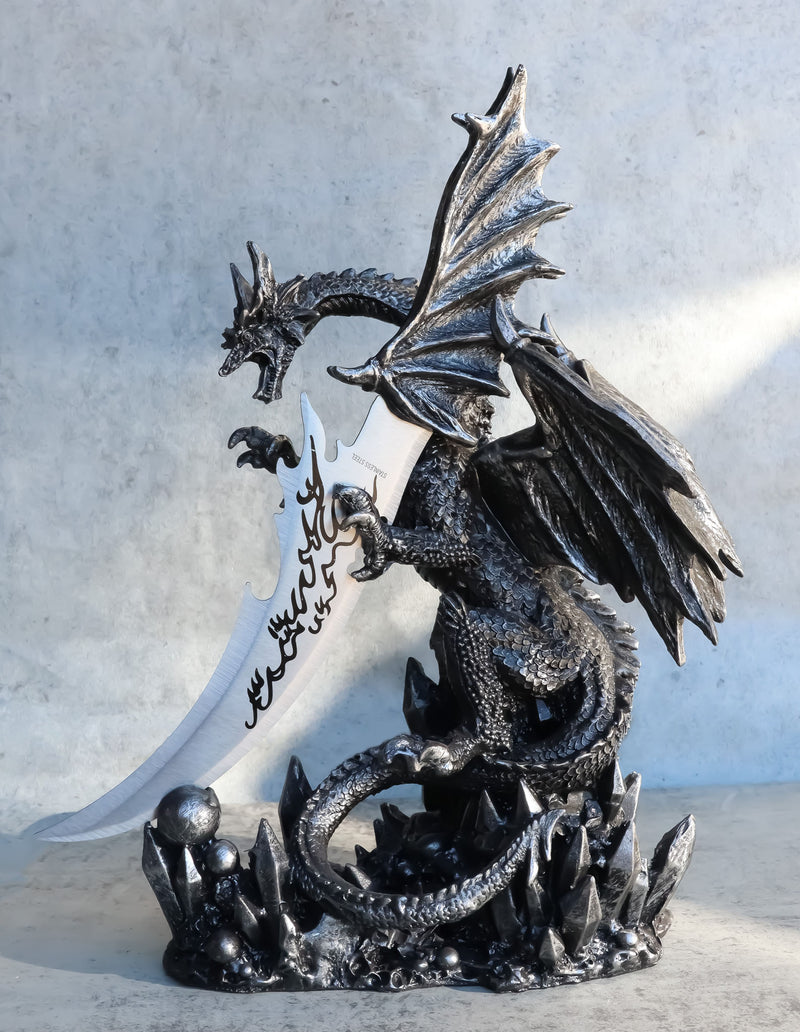 Large Dreamwork Fantasy Obsidian Dragon Statue With Fire Dagger Letter Opener