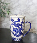 Blue Oriental Ryu Dragon 15oz Porcelain Tea Mug With Lid Stainless Steel Infuser