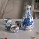 Blue White Ryu Dragon King Porcelain Sake Carafe Flask And 4 Ochoko Cups Set