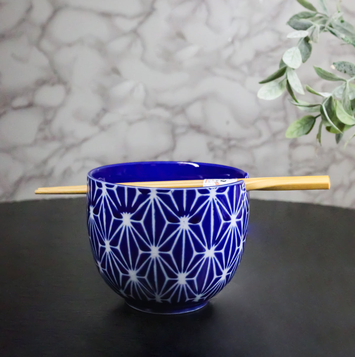Asanoha Geometric Blue And White Donburi Ramen Soup Bowl With Chopsticks