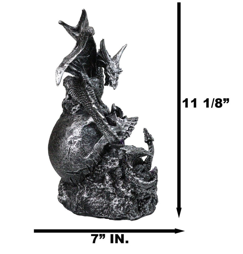 Silver Gothic Dragon On Oversized Skull with Faux Geode Crystal LED Figurine