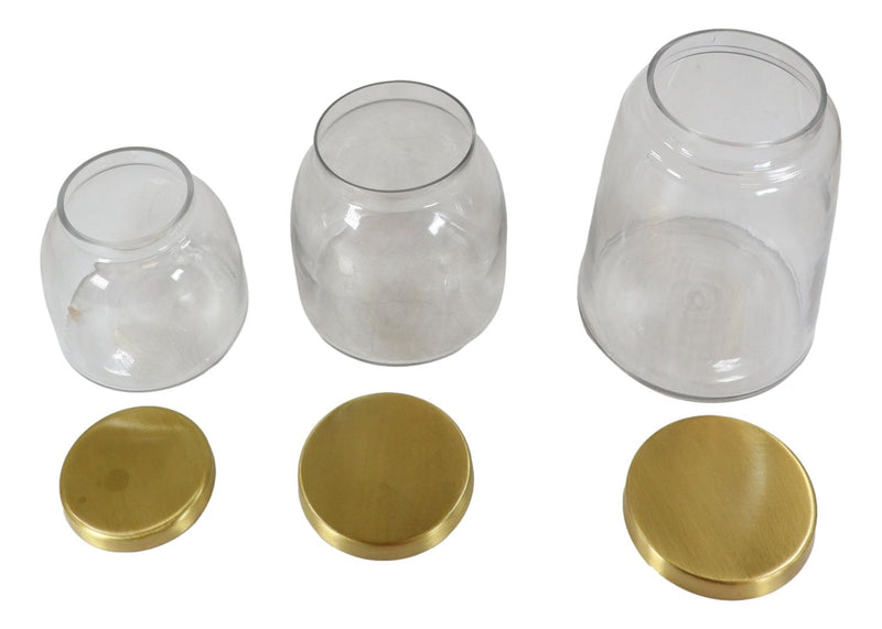 Set of 3 Clear Glass Canister Make Up Seashells Sand Storage Jars With Gold Lids