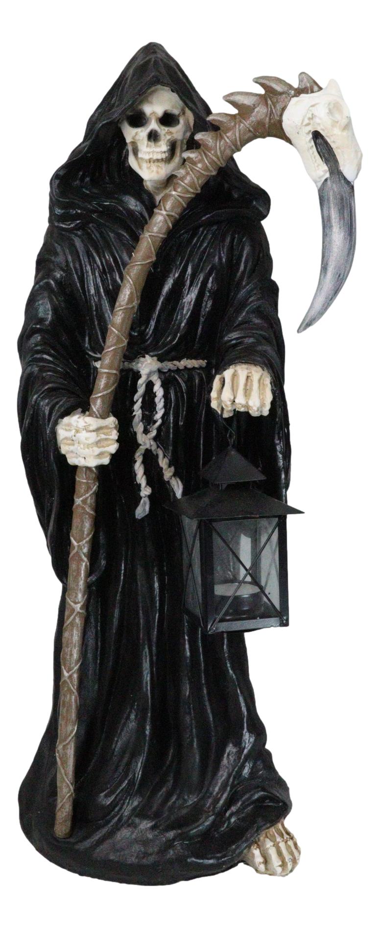 Time Waits For No Man Grim Reaper Holding Scythe And Solar LED Lantern Statue - Ebros Gift