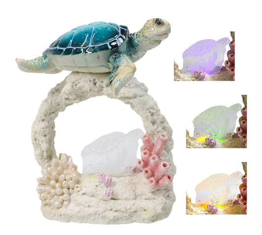 Marine Ocean Sea Turtle Swimming Over Coral Reef With Acrylic LED Light Figurine