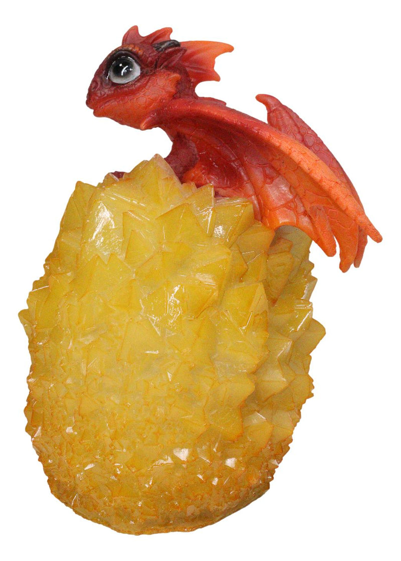Whimsical Cute Red Baby Dragon Hatchling in Crystal Icicle Golden Egg Figurine