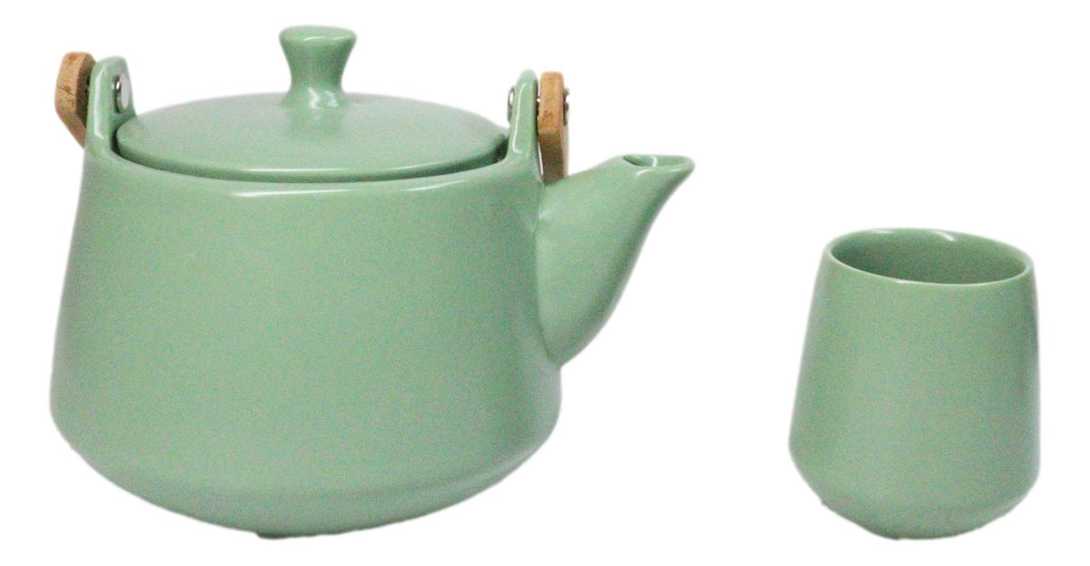 Matte Pastel Green Porcelain 22oz Teapot And 2 Tea Cups With Bamboo Tray Set