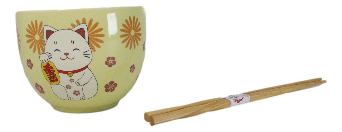 Maneki Neko Lucky Cat Yellow Ceramic Donburi Ramen Soup Bowl With Chopsticks Set
