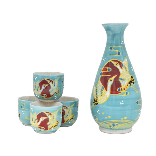 Turquoise Moon Japanese Cranes Porcelain Sake Carafe Flask And 4 Ochoko Cups Set