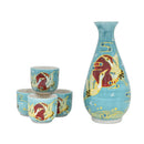 Turquoise Moon Japanese Cranes Porcelain Sake Carafe Flask And 4 Ochoko Cups Set