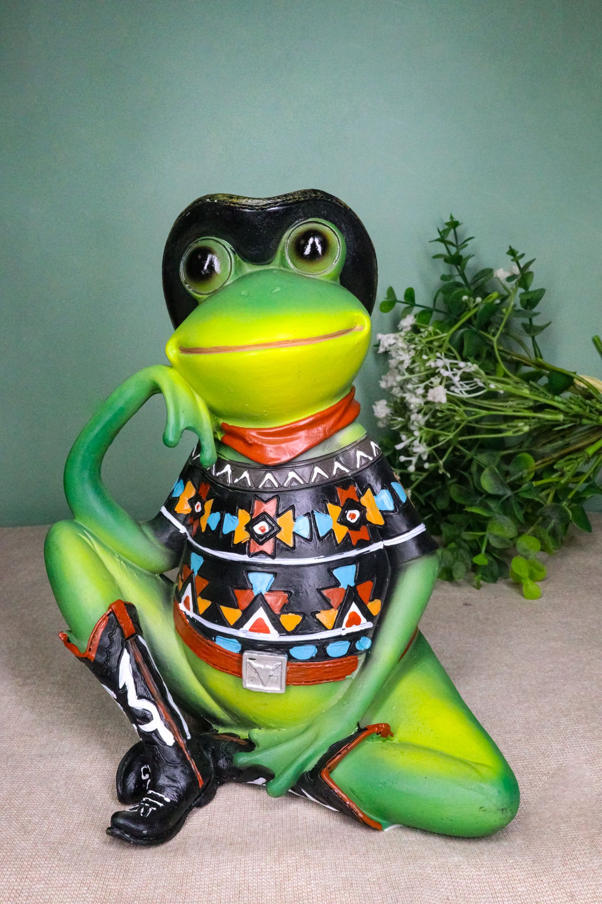 Western Green Cowboy Toad Frog with Black Hat Boots and Aztec Serape Figurine
