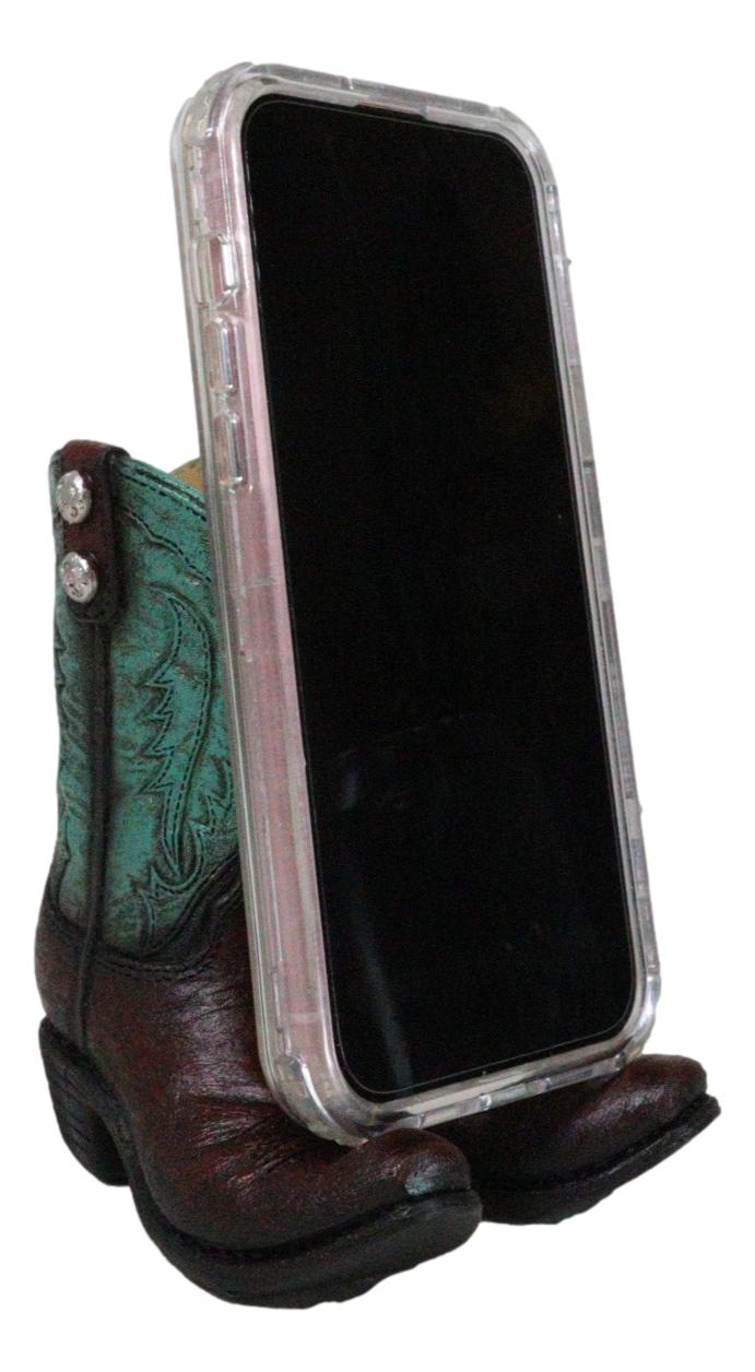 Rustic Western Teal Green Tooled Leather Conchos Cowboy Boots Cell Phone Holder