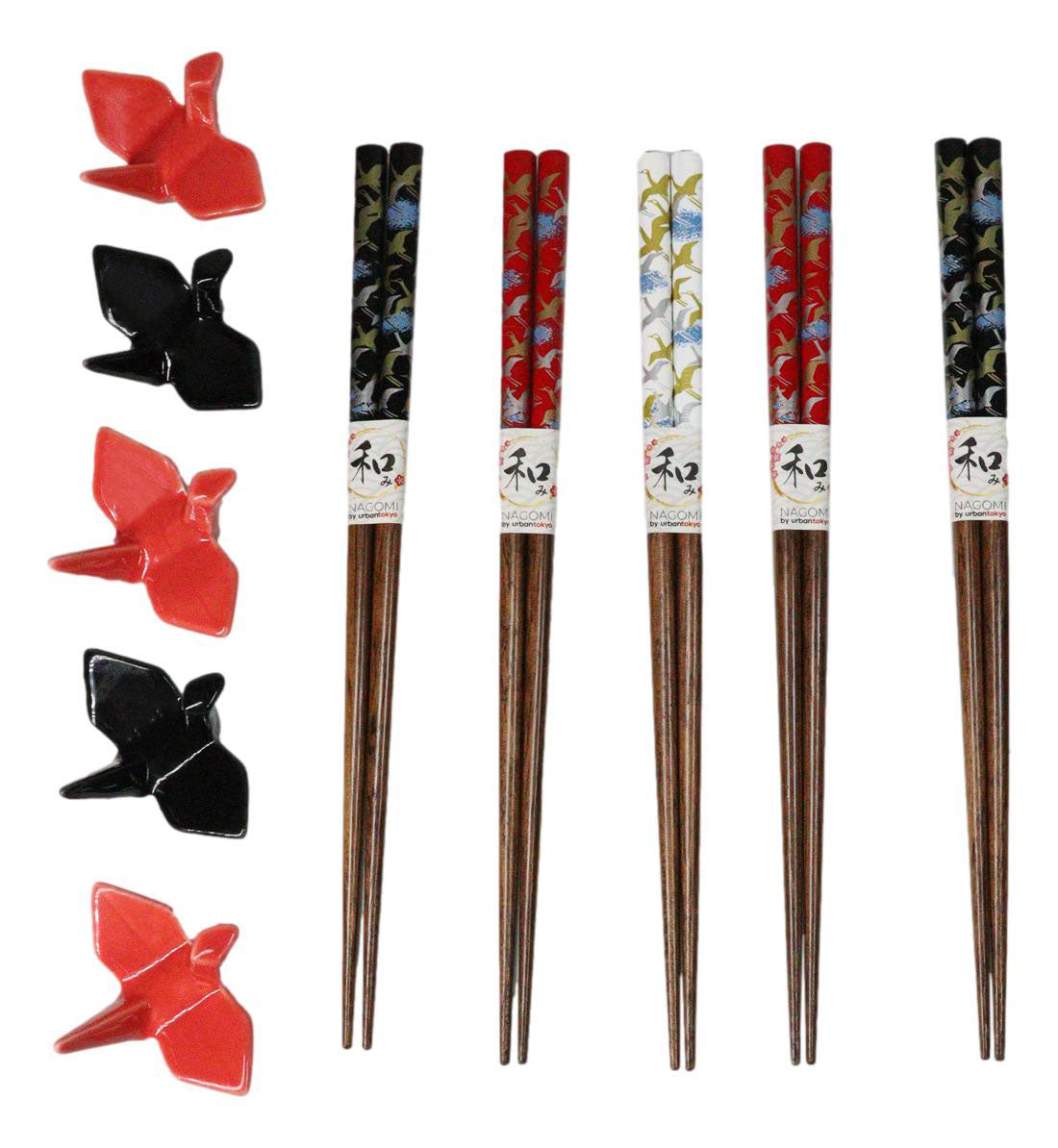 5 Pairs Of Red Black Japanese Cranes Ceramic Rests With Wooden Chopsticks Set