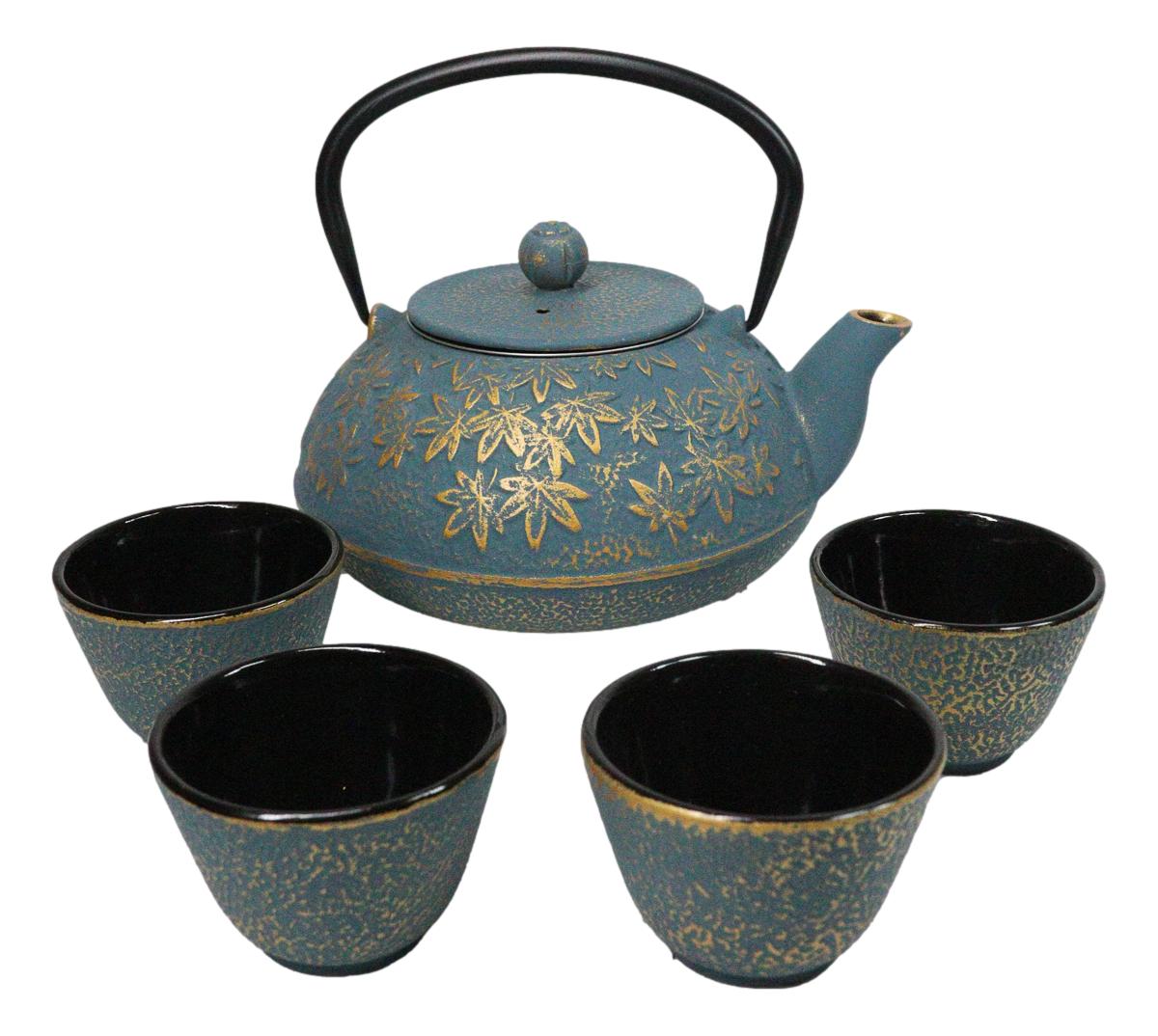 Maple Leaves Momiji Design Blue Tetsubin Cast Iron Tea Pot With 4 Cups Set 37oz