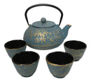 Maple Leaves Momiji Design Blue Tetsubin Cast Iron Tea Pot With 4 Cups Set 37oz