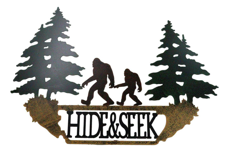 Rustic Sasquatch Big Foot by Pine Trees Hide & Seek Metal Wall Decor Plaque