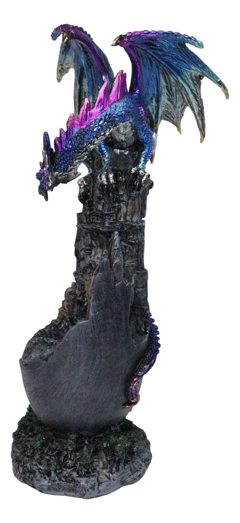 Medieval Blue Dragon Perching On Abandoned Castle Tower Ruins Figurine 12"H